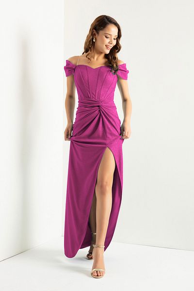 Lafaba Fuchsia Corset Detailed Double Breasted Lined Long Glitter Women's Evening Dress