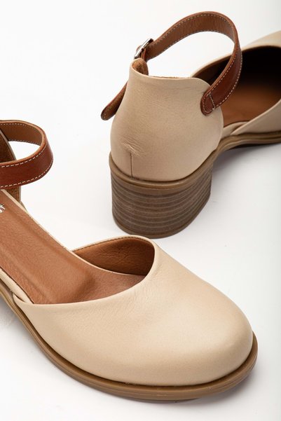 ANALİN SHOES Women's Genuine Leather Ankle Strap Sandals Beige