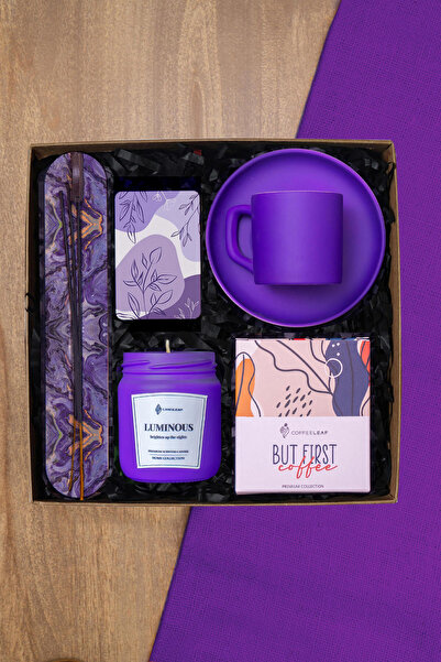 TrendHediye Mor Renkli Fincan ve Hediye Seti, Kokulu Cam Mum, Tütsü Seti, Türk Kahvesi, Magnet