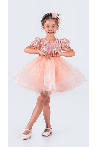 Mnk Baby&Kids Rochie Tutu Verde pentru Fete cu Maneca Scurta - Paiete Paiete, MNK0601 SALMON