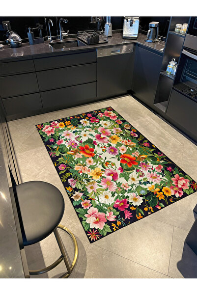 Rugs Modern Halı Paris Koleksiyonu Yeşil Tema Renkli Çiçekler ve Gül Desenli ...