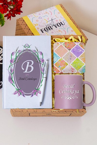 TrendHediye Kişiye Özel Renkli Defter , Sütlü Kahve Kupa Bardak, Tükenmez Kal...