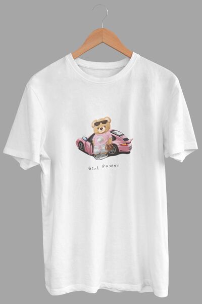 DK DAKSEL تي شيرت نسائي أبيض اللون كبير الحجم مطبوع عليه تيدي بير