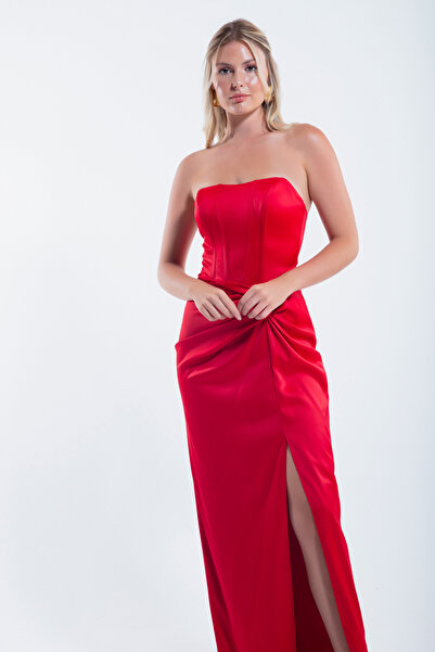 Lafaba Red Satin Long Evening Dress - Double Breasted and Corset Detailed