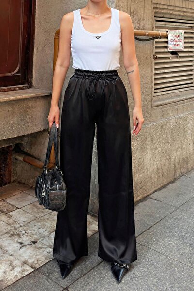 Swist Černé dámské saténové kalhoty s rovným pasem se stahovací šňůrkou