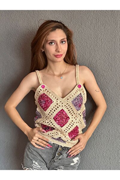 Gönülden Tasarım Жіноча блуза на бретельках - В'ЯЗАНА ВРУЧНУ, З МОТИВАМИ, XS/S