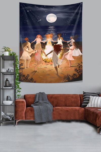 farbala Girls Dancing Around Night Fire with Rubies Stain Resistant Fabric Wall Cloth Wall Carpet Tapestry