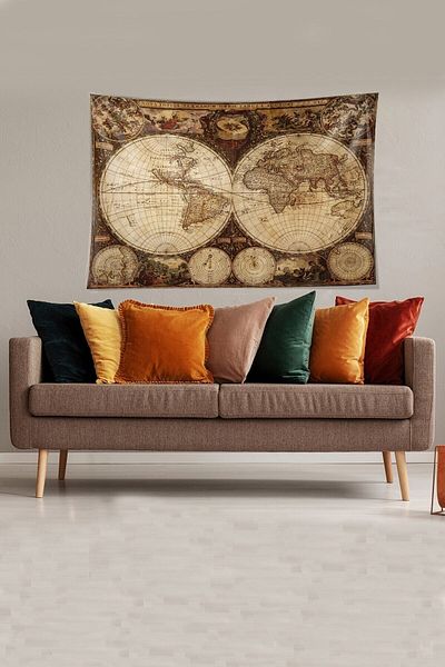 Pelangi Stain-Proof Wall Cover and Rug Tapestry with Velvet Fabric - Brown World Map Pattern