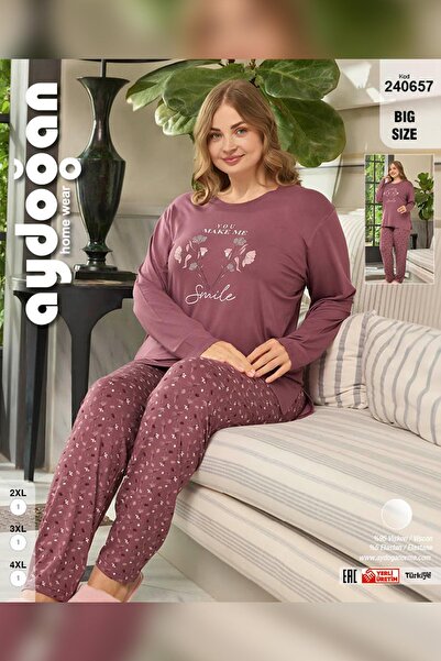 Aydoğan Women's Pearl Large Size Smile Dried Rose Pajama Set 0657