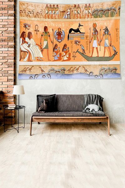 Pelangi Ethnic Stain Patterned Velvet Tapestry - Ancient Egyptian Figured Wall Tapestry