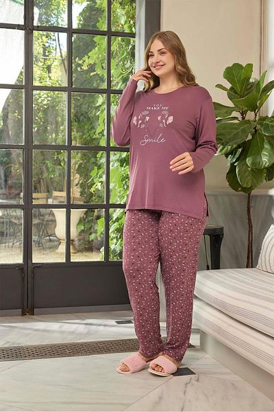 Aydoğan Women's Pearl Large Size Smile Dried Rose Pajama Set 0657