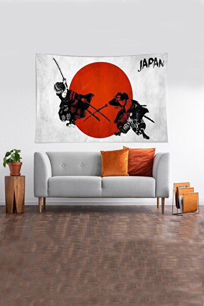 farbala Beige Samurai Patterned Stain Resistant Velvet Fabric Wall Cloth Wall Carpet Tapestry