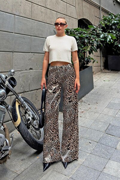 Swist Sárga derék húzózsinóros leopárdmintás magas derekú női szatén nadrág