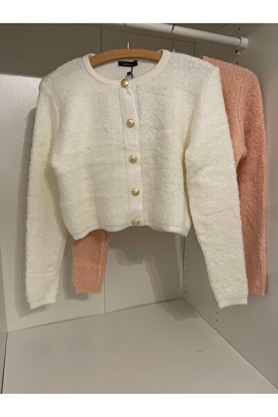 Zentoni Cardigan de damă, ecru, auriu, cu nasturi, cu decolteu, tricotat - el...