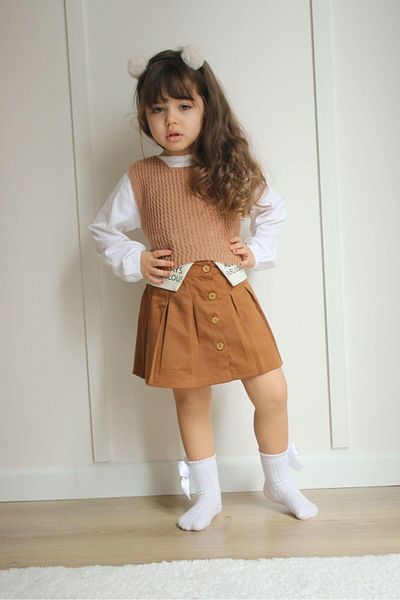 Magu Girl's Brown Shirt Knitwear Sweater Skirt Top and Bottom Set