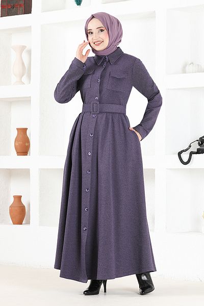 ModaMerve Dark Lilac Belted Ferace - NYA2401