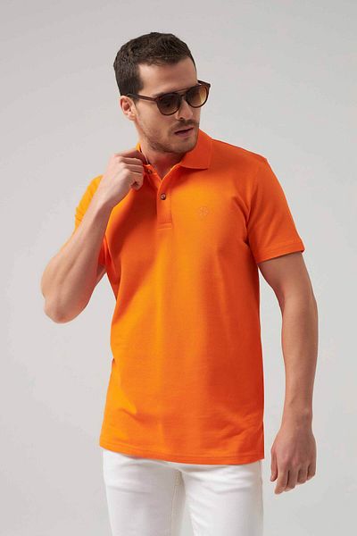 D'S Damat Tricou cu broderie cu guler polo, 100% bumbac, cu textura de piqué portocaliu, cu croiala normală