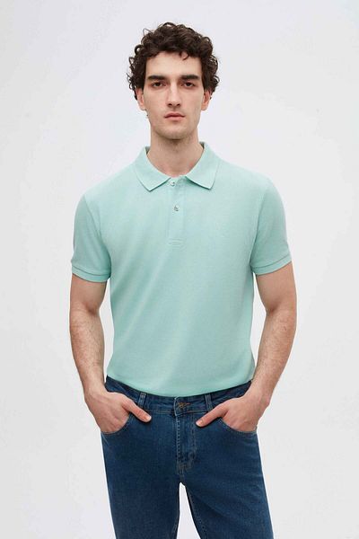 D'S Damat Tricou cu gât polo, 100% bumbac, fără ondulare, brodat cu piqué turcoaz deschis