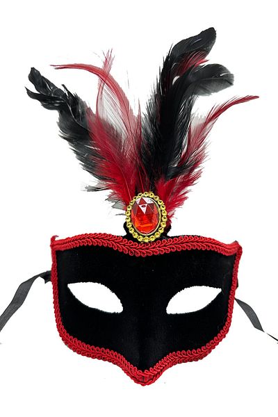 Ethab Ticaret Black with Red Lace Black with Red Feather Black Suede Covering Party Mask 17X25 cm (4457)