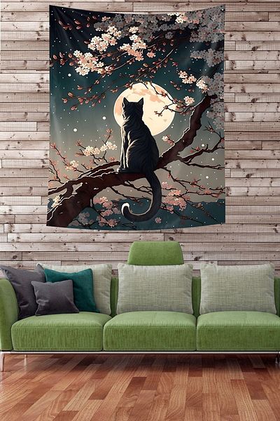 Pelangi Cat on the Tree Patterned Cloth Wall Tapestry - Tapestry