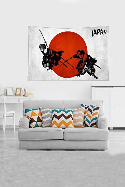 farbala Beige Samurai Patterned Stain Resistant Velvet Fabric Wall Cloth Wall Carpet Tapestry