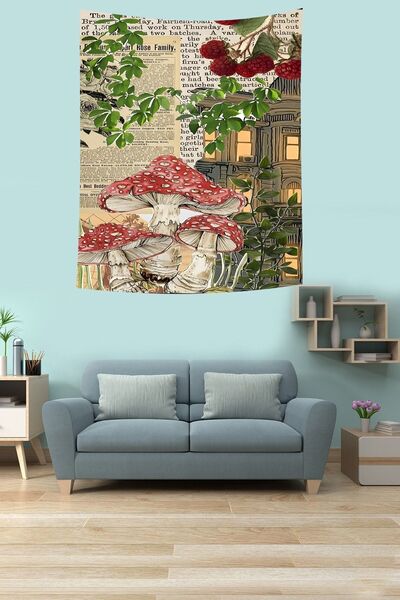 uygun dekor Stain Resistant Fabric Wall Cover - Raspberry and Mushrooms Tapestry