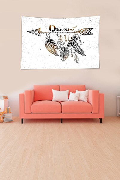 farbala Tapiserie de perete din țesătură texturată din catifea, cu pene de păsări, tematică nativilor americani