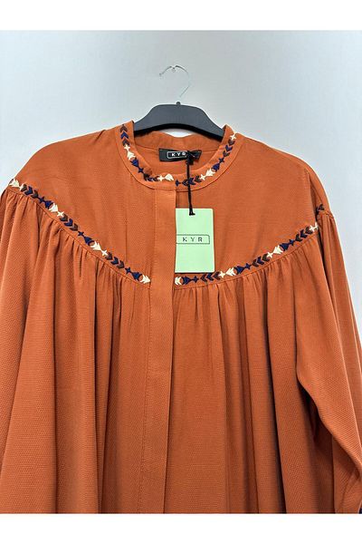 Kayra Brick Color Embroidery Detailed Judge Collar Tunic