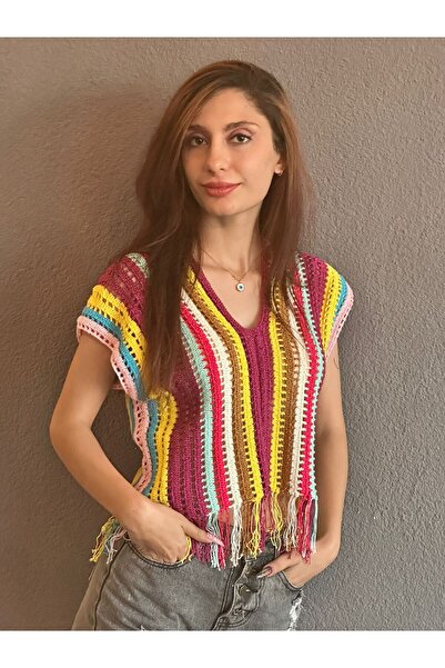 Gönülden Tasarım Файл Кольорова блуза з бахромою для жінок - В'язана вручну