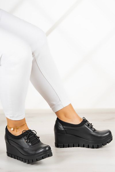 Erkan Saçmacı Olympia Black Genuine Leather Daily Wedge Heel Shoes
