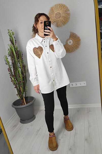 lady special Γυναικείο Leopard Heart Λεπτομερές τζιν πουκάμισο