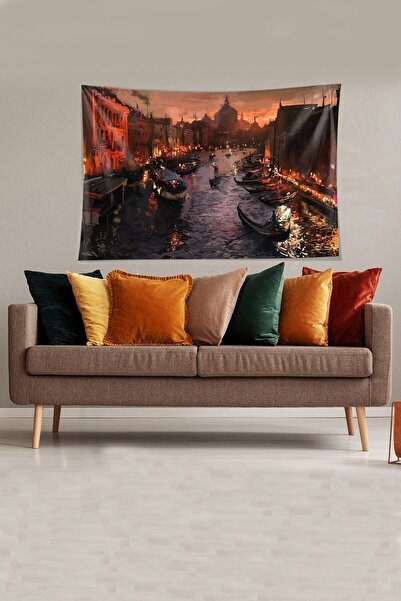 farbala Multicolored Gondola Patterned Stain Resistant Velvet Fabric Wall Cloth Wall Carpet Tapestry
