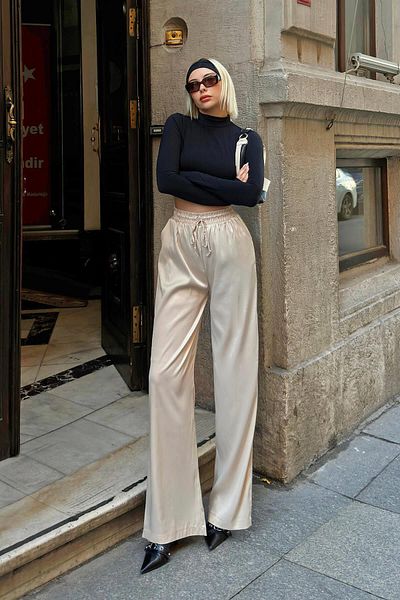 Swist Beige Damen-Satin-Hose mit gerader Taille und Kordelzug und hoher Taille