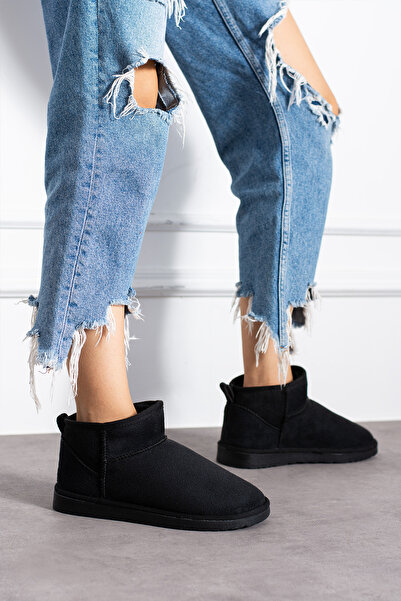 SOLDOY Kadın Siyah Mini Süet Içi Kürklü Kışlık Bot & Bootie