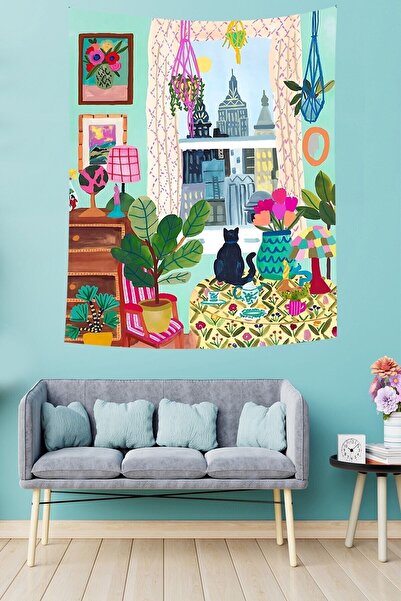 uygun dekor Penceredeki Kedi Bohem İskandinav Stil Yaprak Leke Tutmaz Kumaş D...