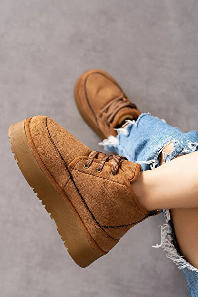 innsteal Kadın Taba Süet Içi Kürklü Kalın Taban Yarım Bağcıklı Midi Bot&bootie