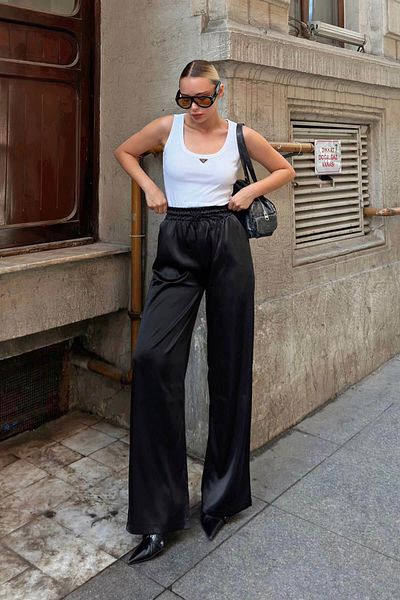 Swist Schwarze Damen-Satin-Hose mit gerader Taille und Kordelzug und hoher Taille