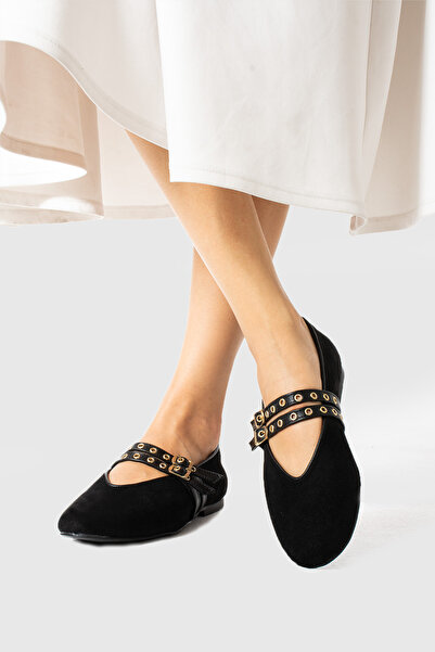 Feyz istanbul حذاء باليرينا نسائي كاجوال بإبزيم مزدوج وحزام مزدوج من جلد الغز...