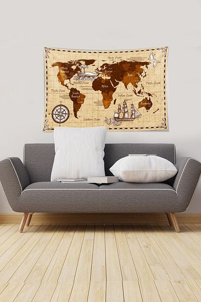 Pelangi Beige-Brown Velvet Tapestry - Stain-Proof Wall Cover with World Map Pattern