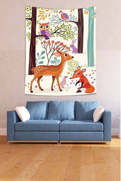 farbala Deer Owl Rabbit in the Forest Stain Resistant Fabric Wall Cloth Wall Carpet Tapestry