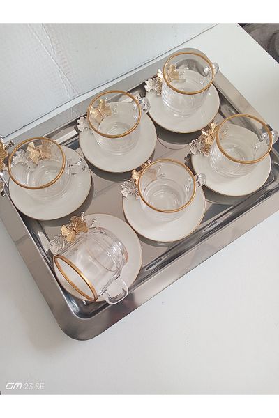 Paşabahçe Fth Design 6-Person Cay Cup Set with Tray
