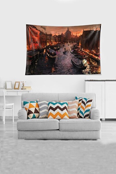 farbala Multicolored Gondola Patterned Stain Resistant Velvet Fabric Wall Cloth Wall Carpet Tapestry