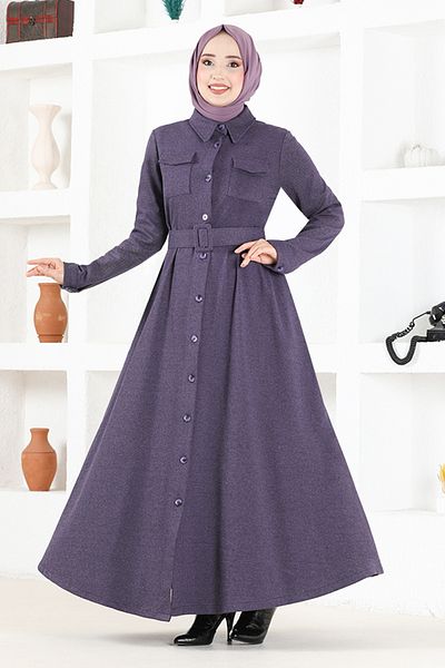 ModaMerve Dark Lilac Belted Ferace - NYA2401