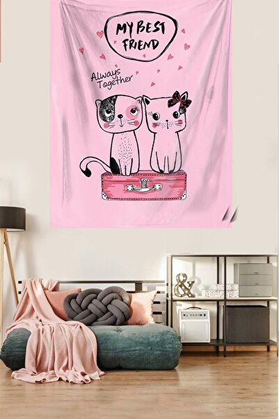 Pelangi Always Together Kedi Desen Pembe Leke Tutmaz Kadife Dokulu Kumaş Duva...