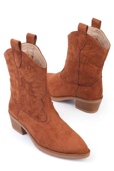 ShoeTek Tan Suede Cowboy Boots - Χοντρό τακούνι και μοτίβο ραφής