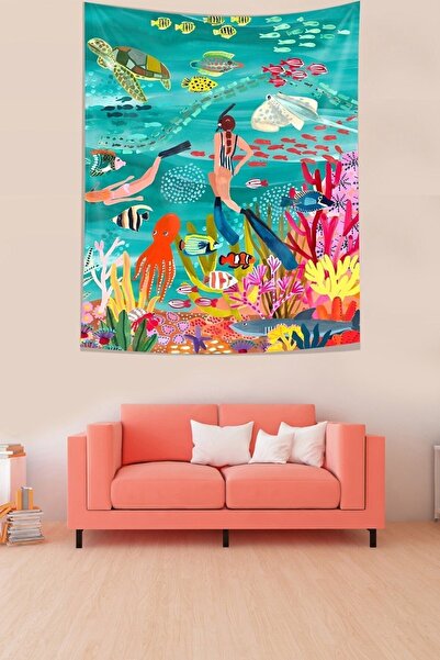 farbala Underwater Sea Creatures Undersea Diver Girl Stain Resistant Fabric Wall Cloth Wall Carpet Tapestry
