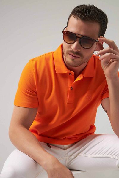 D'S Damat Tricou cu broderie cu guler polo, 100% bumbac, cu textura de piqué portocaliu, cu croiala normală