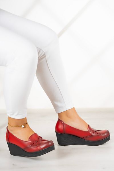 Erkan Saçmacı Shay Red Genuine Leather - Wedge Heel Casual Shoes