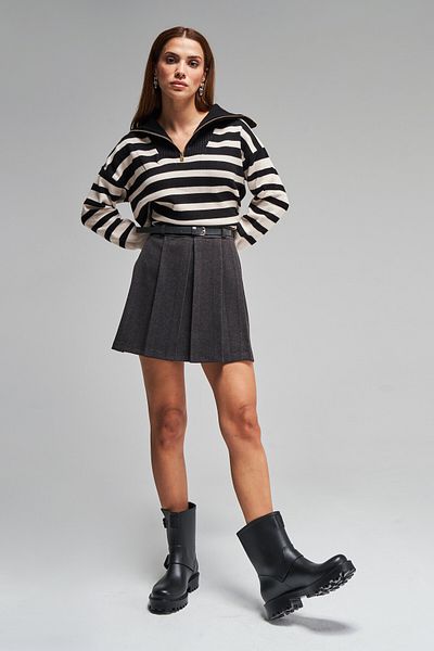 its basic Women's Anthracite Color Stitched Fabric Belted Pleated Mini Skirt