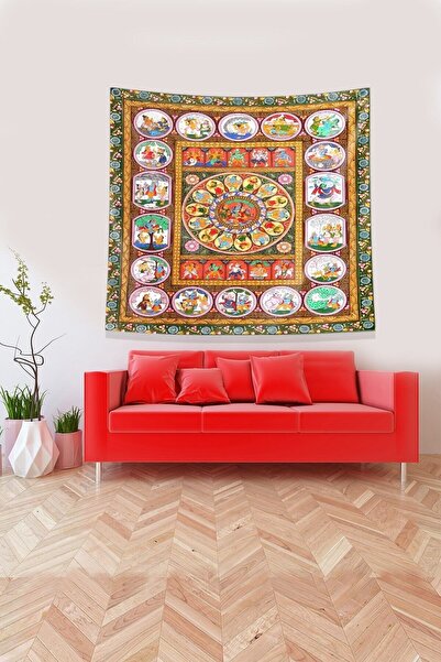 farbala Multicolor Hindu Patterned Stain Resistant Velvet Fabric Wall Cloth Wall Carpet Tapestry